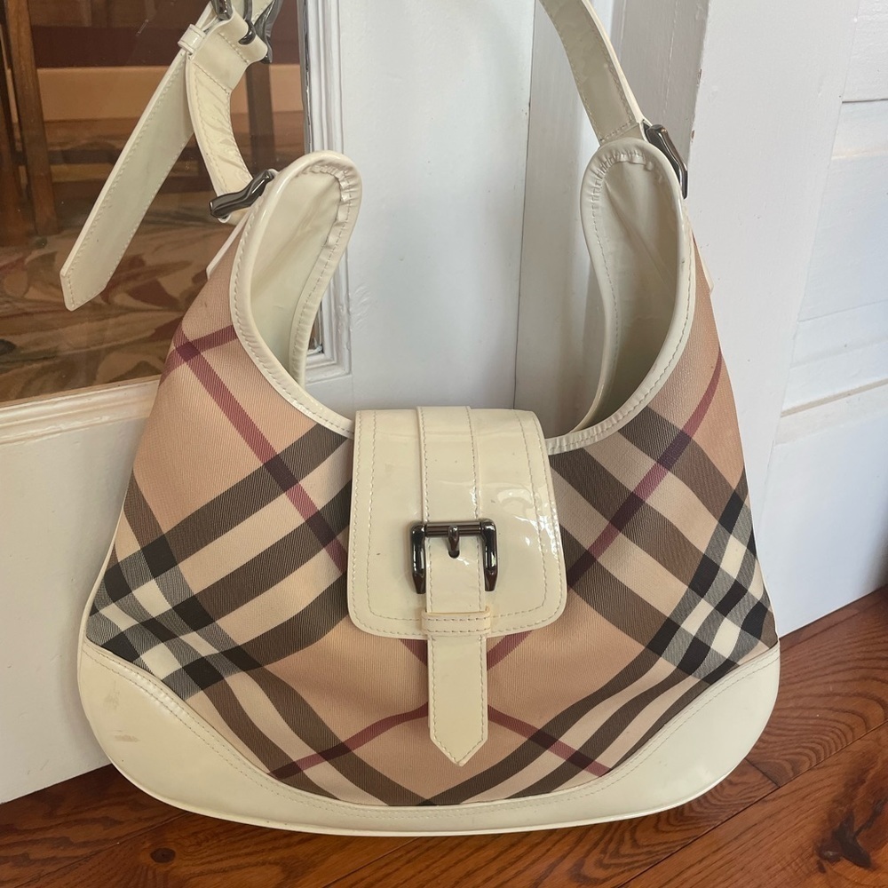 Burberry Cream and Tan Plaid Hobo Bag